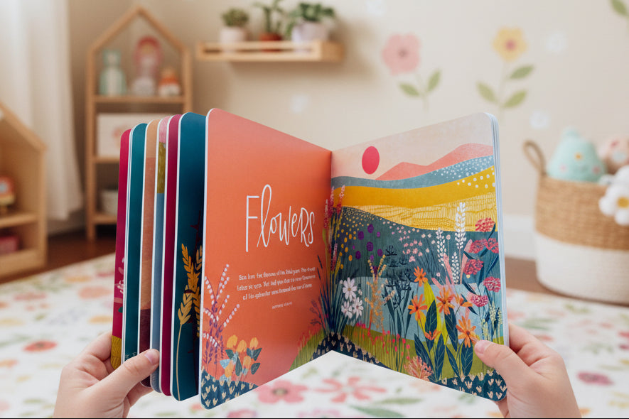 Children's book with colorful illustrations of a garden and flowers, held by hands in a room with toys and decor.