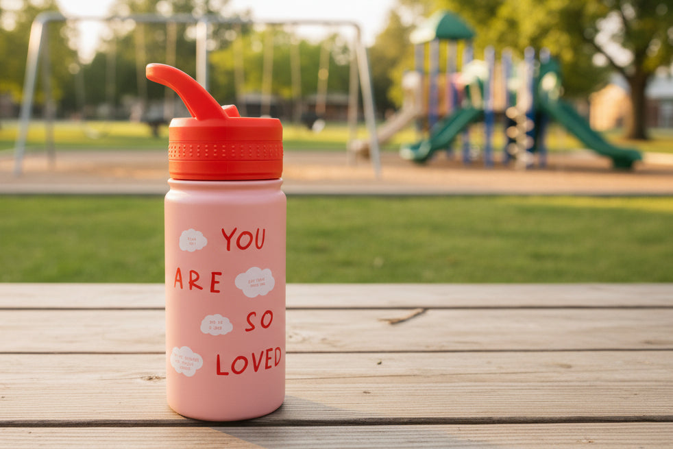 Pink water bottle with red lid and 'You are so loved' text on picnic table