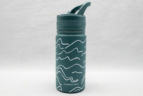 Load image 1 in gallery view. Child's green water bottle with white mountain patterns 
