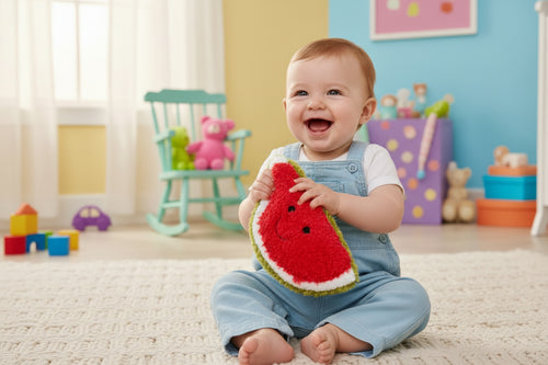 Load image 1 in gallery view. Infant holding watermelon plush toy seated in child's room