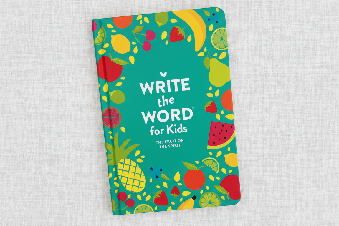 Notebook with colorful fruit design and text 
