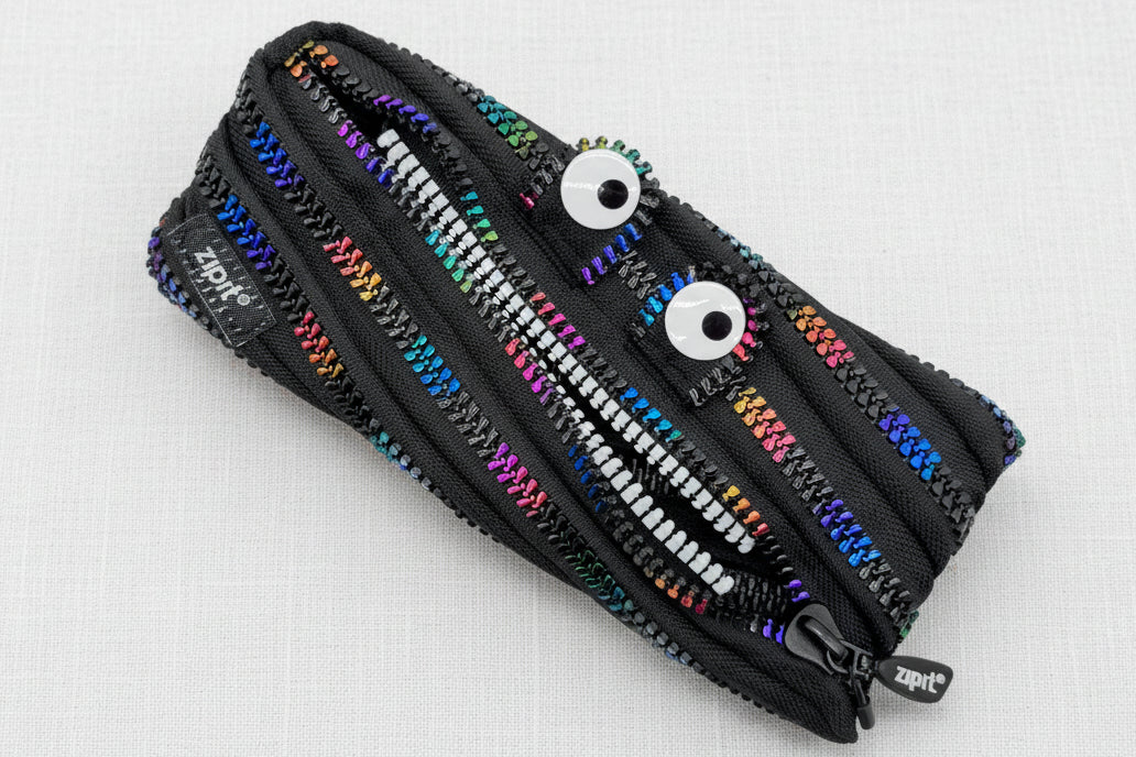 Black pouch with colorful zippers and eye-like designs 
