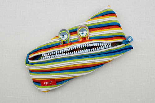 Load image 1 in gallery view. Colorful striped pencil pouch with eyes and a zipper mouth
